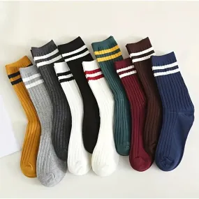 10 Pairs Striped Sports Socks, Comfy & Breathable Mid Tube Socks, Women's Stockings & Hosiery