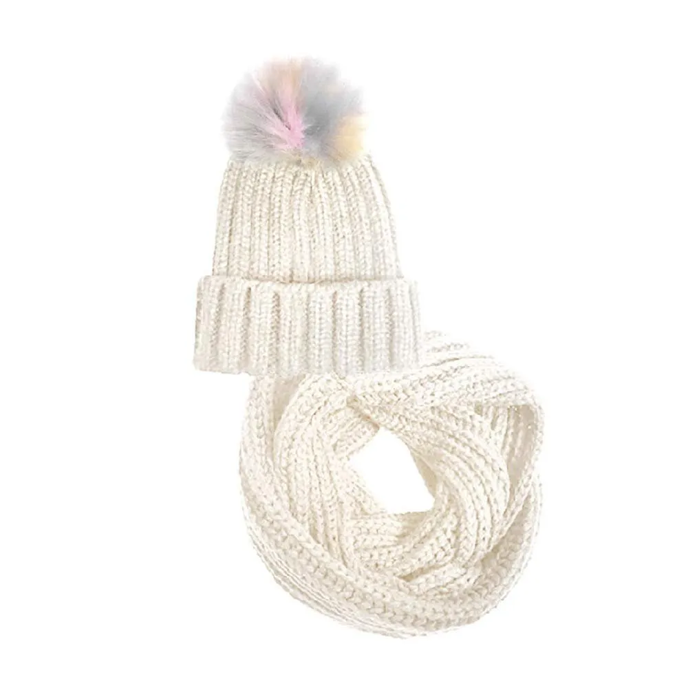 Chatties Girls Little Kid 2 Piece Fur Knit Beanie Cap with Pom Pom & Neck Scarf