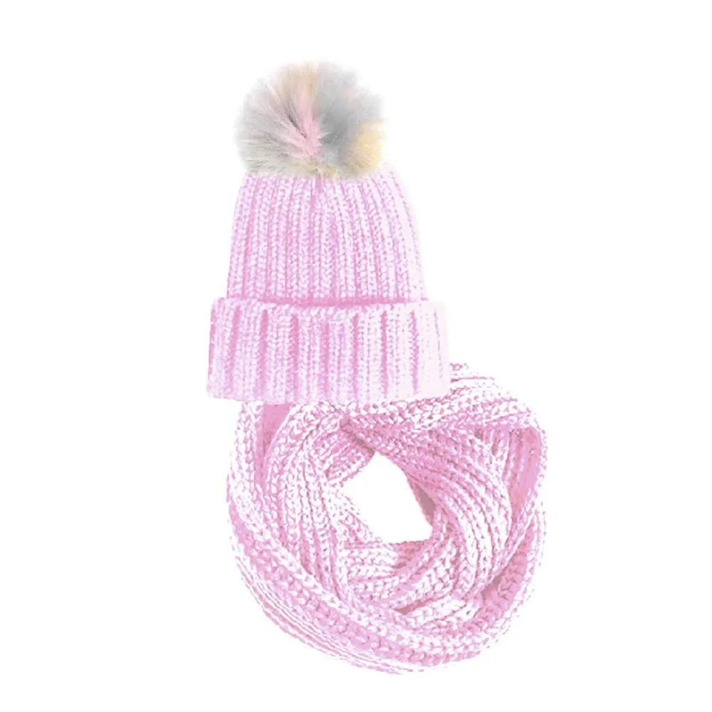 Chatties Girls Little Kid 2 Piece Fur Knit Beanie Cap with Pom Pom & Neck Scarf