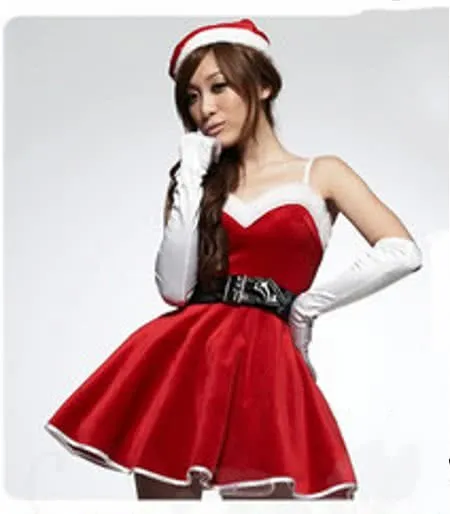 Christmas Costumes Mrs Claus Party Braces Dress with Fur Hat
