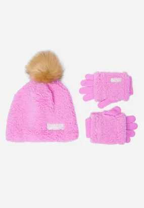Faux Sherpa Pom-Pom Beanie Hat & Gloves