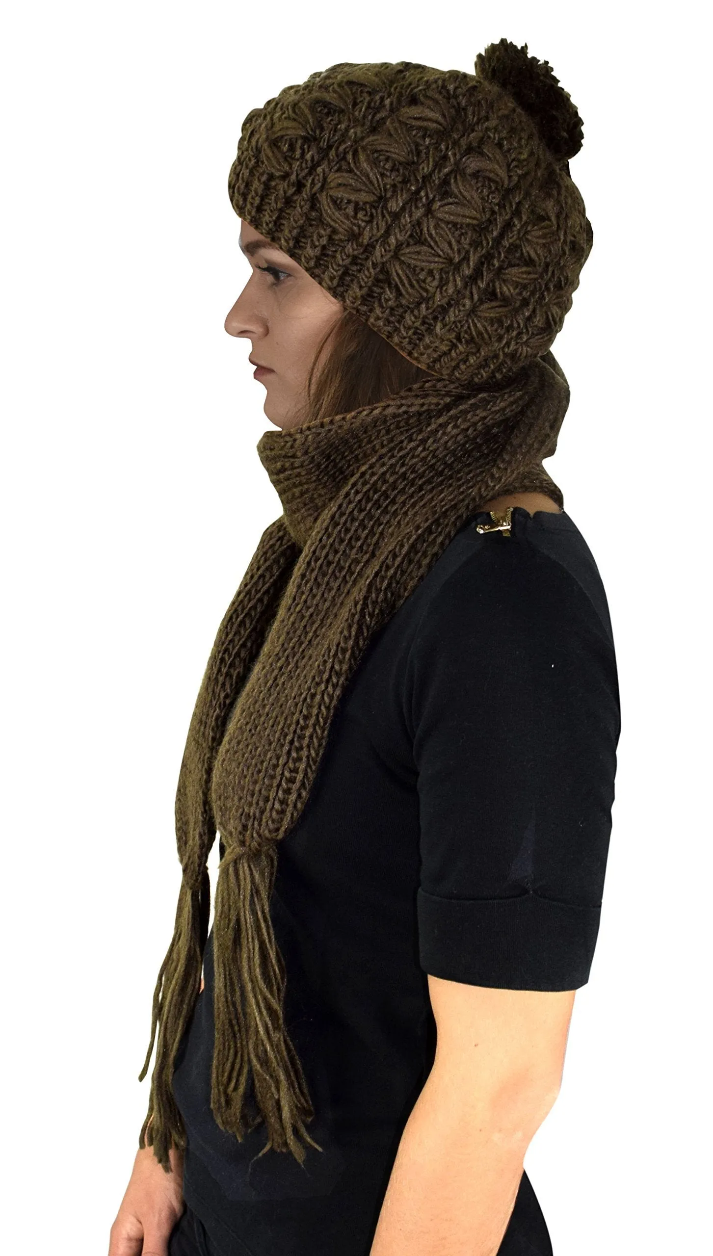 Green Cable Knit Beret Beanie Hat and Scarf Set