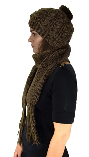Green Cable Knit Beret Beanie Hat and Scarf Set