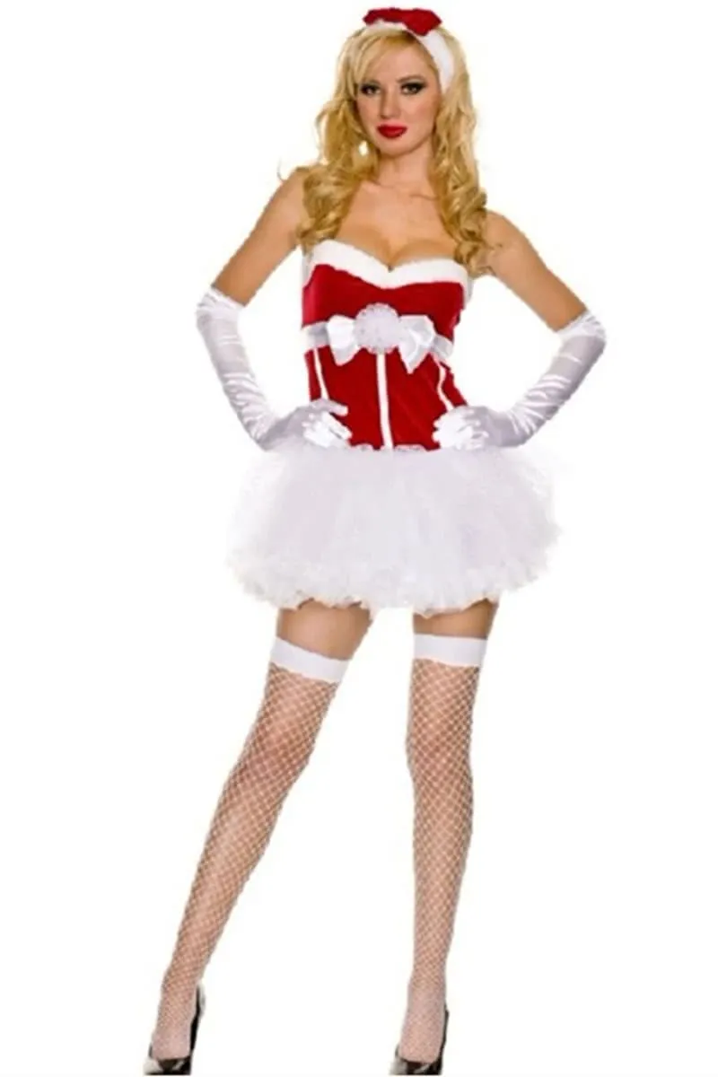 Hot Christmas costumes red dress strapless skirt with white gloves for free