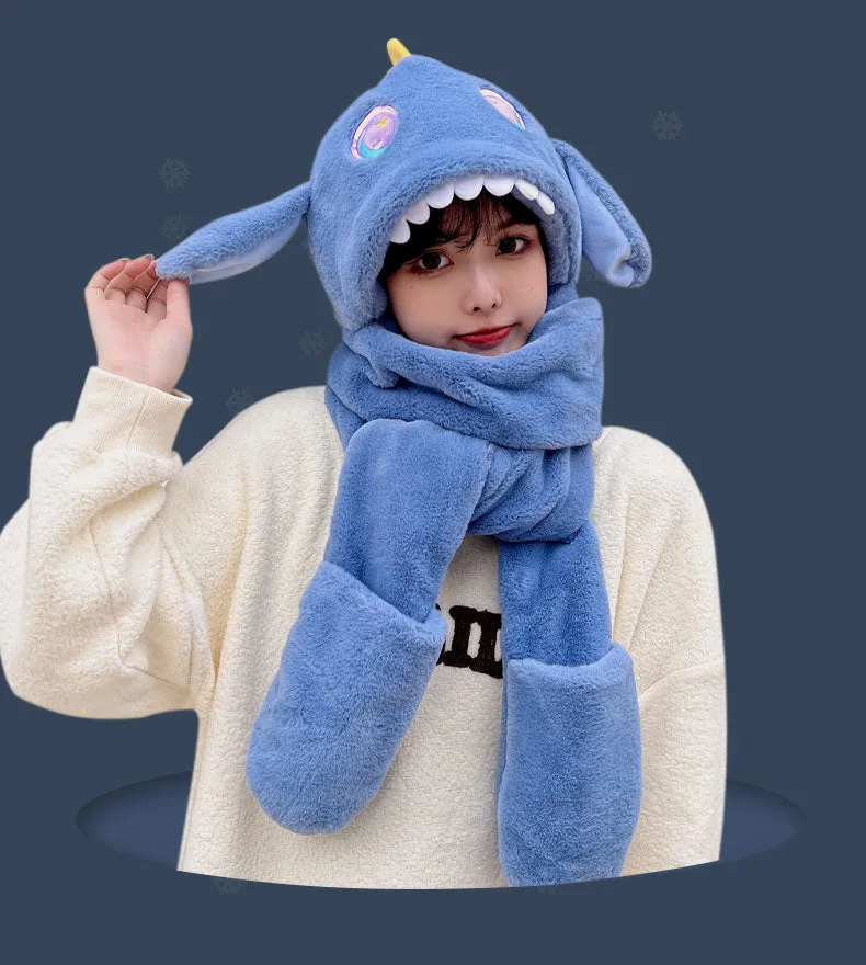 Kawaii Soft Girl Ears Move Plush Scarf Gloves Hooded