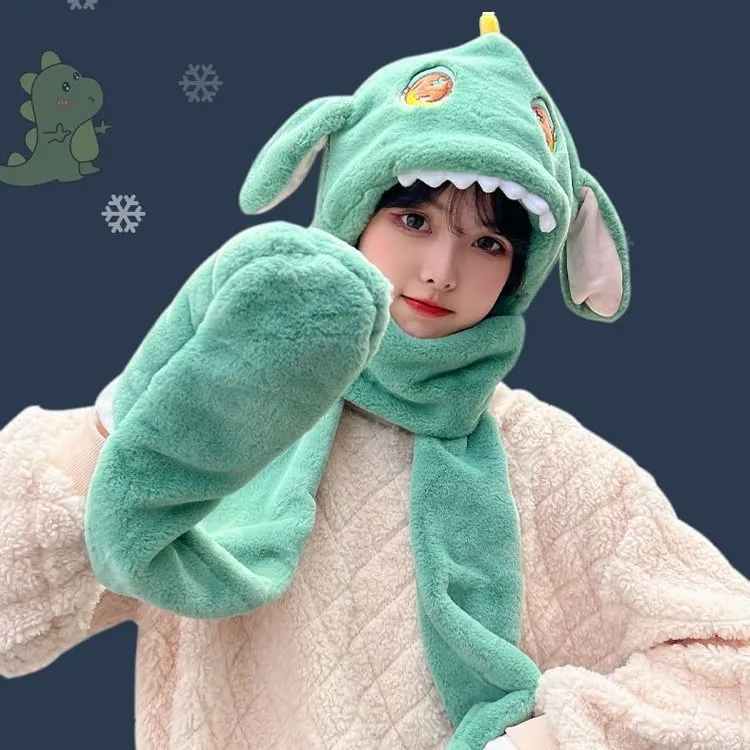 Kawaii Soft Girl Ears Move Plush Scarf Gloves Hooded