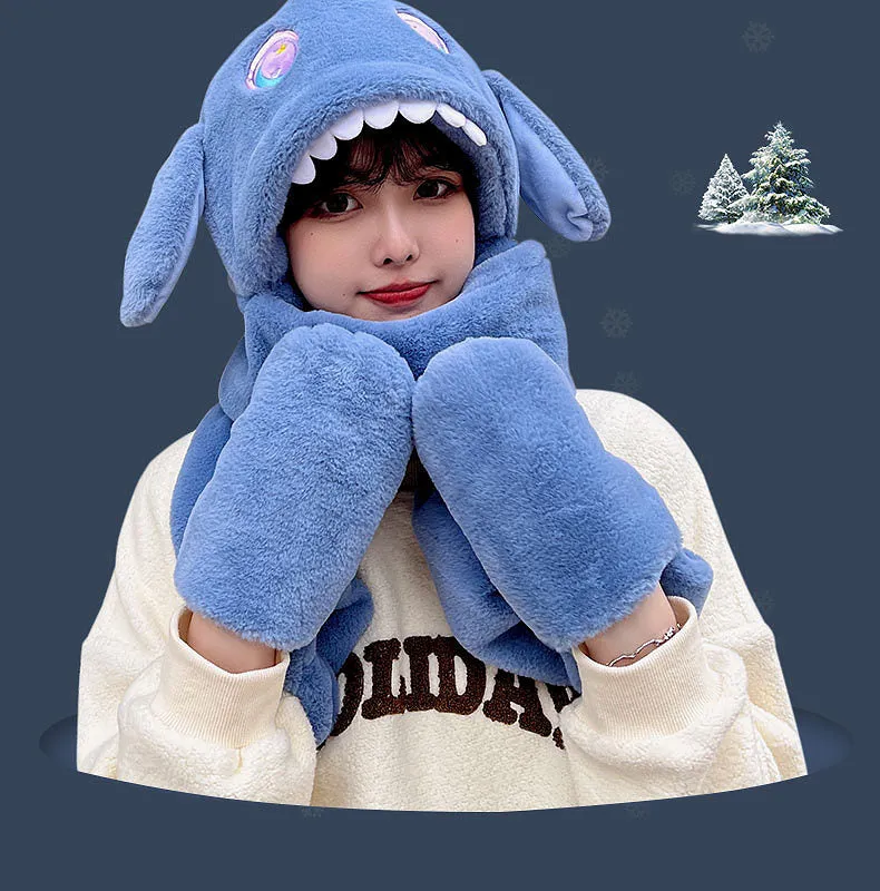 Kawaii Soft Girl Ears Move Plush Scarf Gloves Hooded