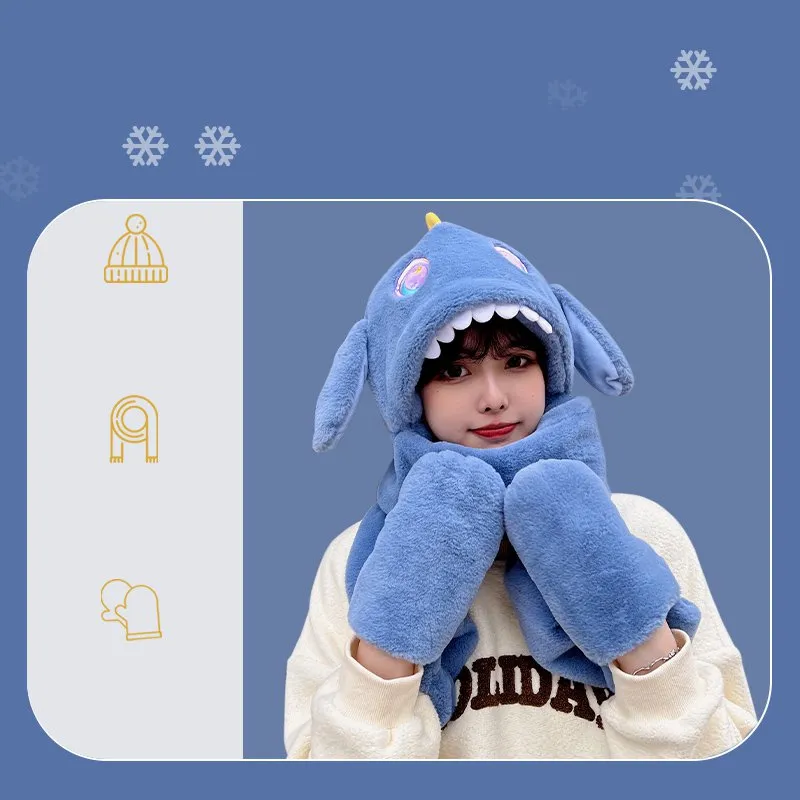 Kawaii Soft Girl Ears Move Plush Scarf Gloves Hooded