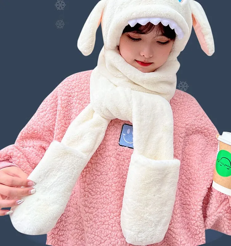Kawaii Soft Girl Ears Move Plush Scarf Gloves Hooded
