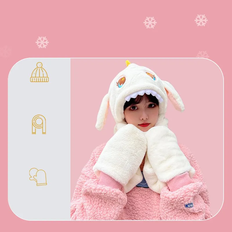 Kawaii Soft Girl Ears Move Plush Scarf Gloves Hooded