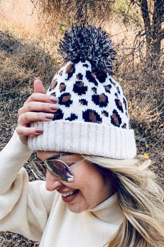 Pom Pom Leopard Print Beanie in Ivory