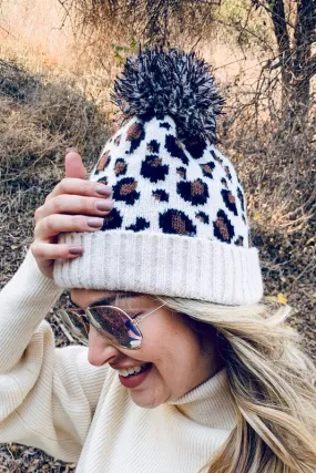 Pom Pom Leopard Print Beanie in Ivory