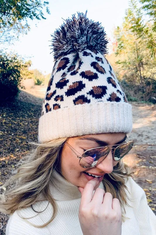 Pom Pom Leopard Print Beanie in Ivory