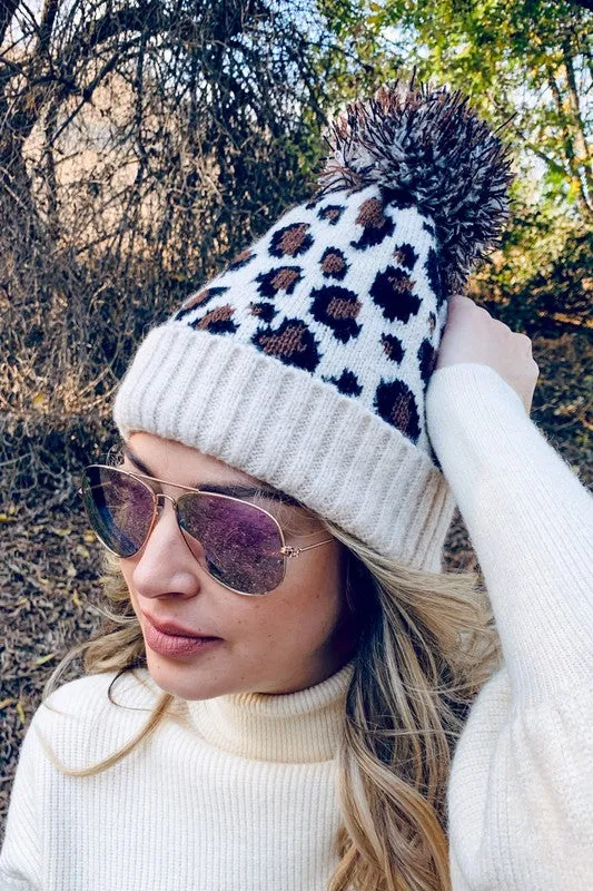 Pom Pom Leopard Print Beanie in Ivory