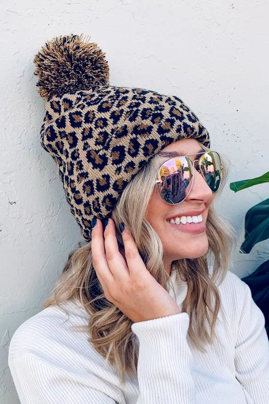 Pom Pom Leopard Print Beanie in Taupe