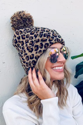 Pom Pom Leopard Print Beanie in Taupe