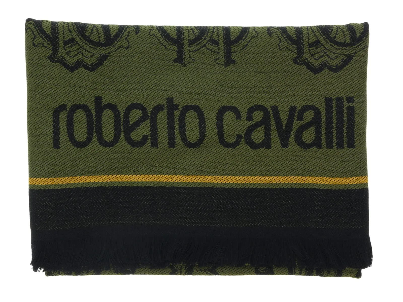 Roberto Cavalli ESZ053 04000 Green Wool Blend Logo Mens Scarf
