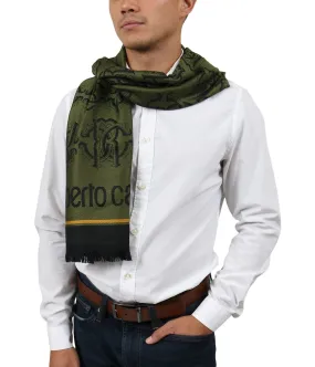 Roberto Cavalli ESZ053 04000 Green Wool Blend Logo Mens Scarf