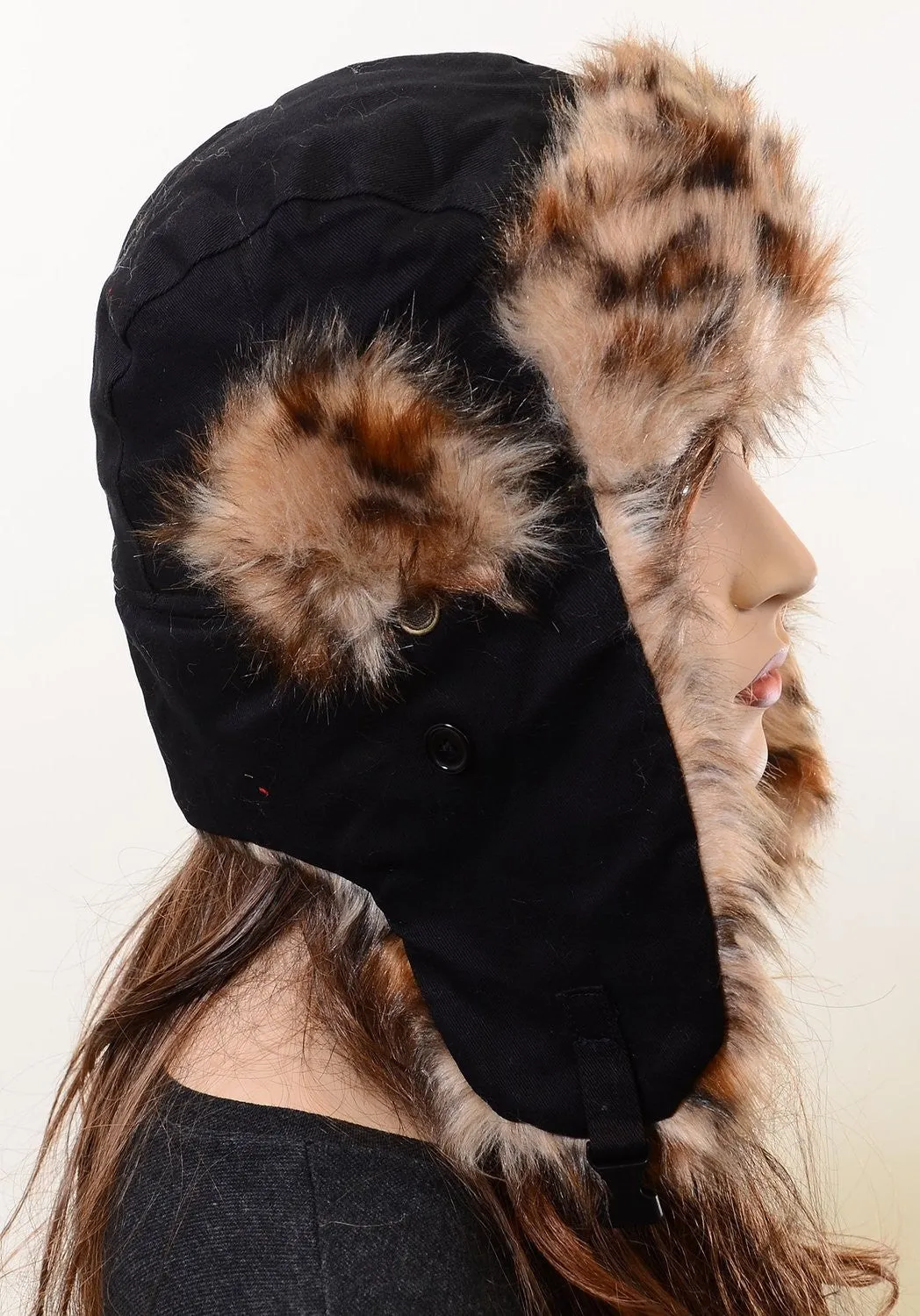 Vegan-Friendly Super Furry Leopard Print Ushanka Trapper Hat for Cold Weather