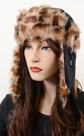 Vegan-Friendly Super Furry Leopard Print Ushanka Trapper Hat for Cold Weather